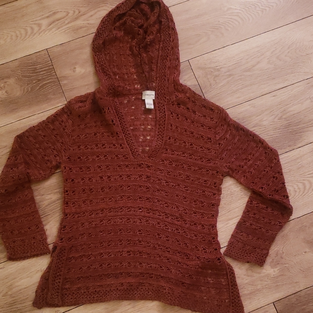 Chico's Rust V-Neck Sweater with Hood